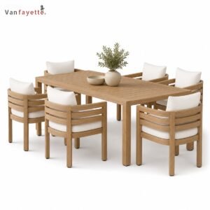 Opposite angle of TC-77322 teak dining set for six with slatted table and armchairs