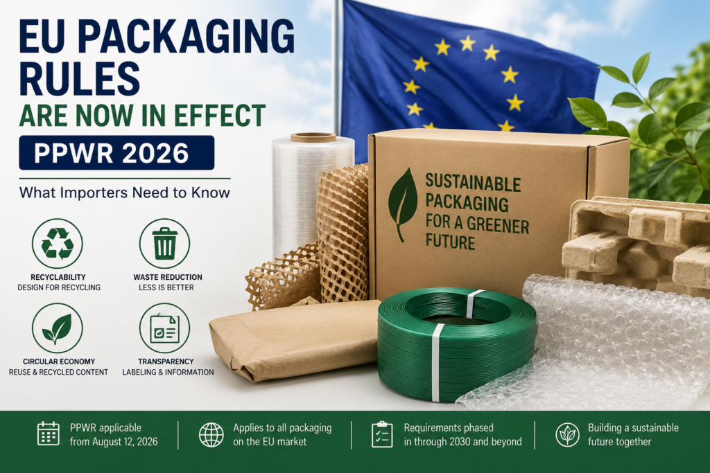 EU Packaging Rules under PPWR 2026, highlighting recyclable packaging, waste reduction, circular economy principles, and sustainable packaging requirements for importers.
