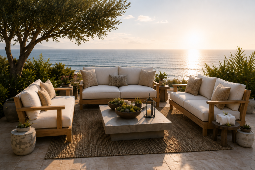 Luxury outdoor furniture with teak frames and performance cushions on a coastal terrac