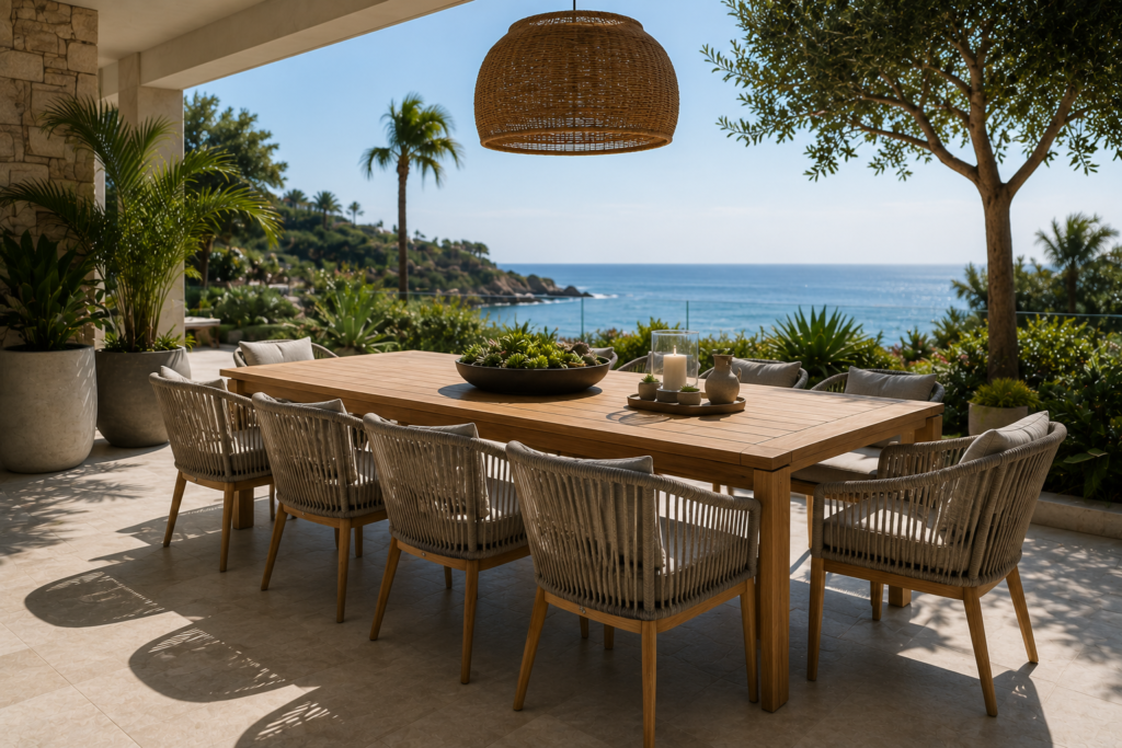 Modern outdoor dining furniture arranged as part of a complete luxury outdoor living space.
