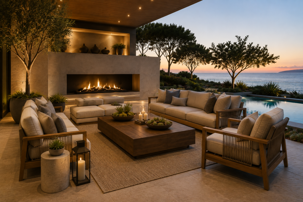 Luxury outdoor lounge designed as a complete outdoor living room with coordinated seating and tables.