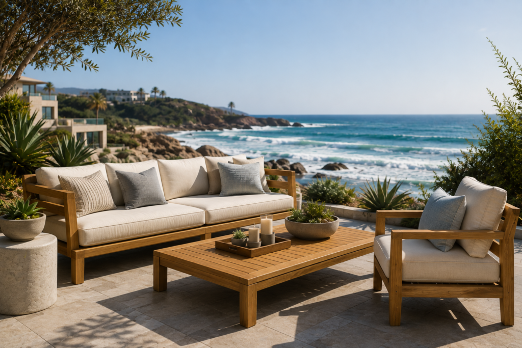 Luxury outdoor furniture combining teak, aluminum and neutral performance fabrics on a modern terrace.
