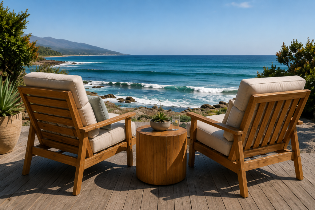 Teak outdoor lounge furniture in a coastal environment overlooking the ocean.