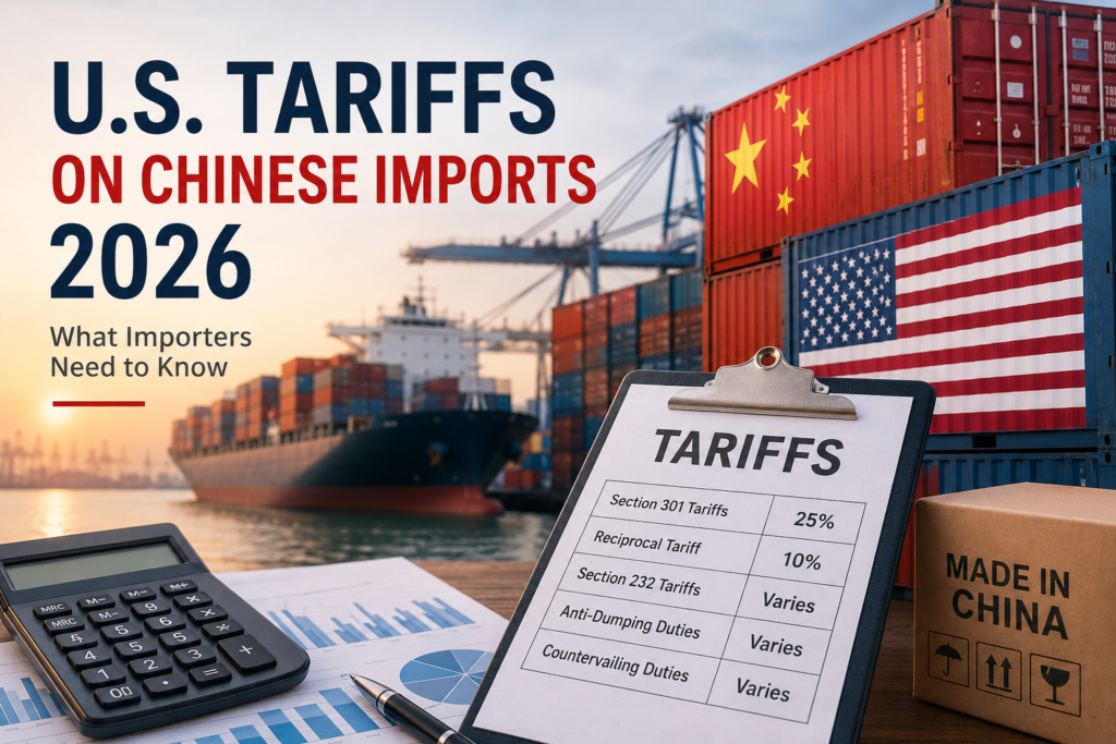 U.S. tariffs on Chinese imports in 2026, featuring cargo containers, U.S. and China flags, shipping logistics, and an overview of import tariff costs.