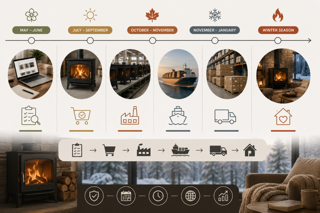 Winter fireplace inventory planning timeline showing when buyers should order, produce, ship, and receive fireplaces before peak winter demand.