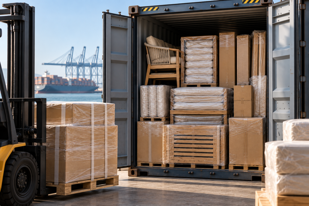 Outdoor furniture and packaged goods being efficiently loaded into a shipping container for international transport.