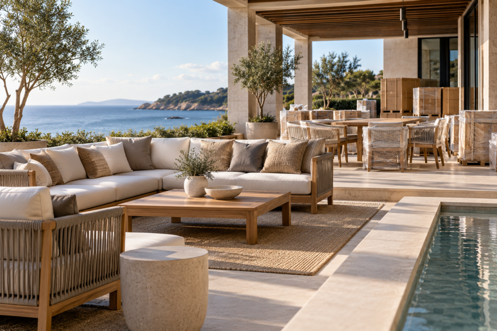 Fixed-frame teak and woven outdoor dining armchairs arranged around stone tables at a luxury coastal restaurant.