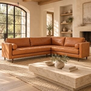 Miles IS17025 cognac brown genuine leather L-shaped sectional sofa
