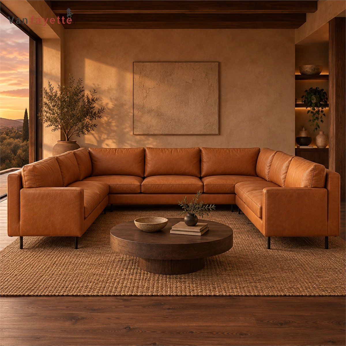 Finn IS18005A caramel PU faux leather U-shaped sectional sofa