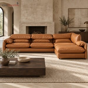 IS2209 cognac-brown upholstered sectional sofa with chaise in a fireplace setting