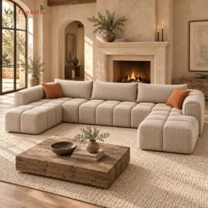 IS3350 cream textured U-shaped modular sectional sofa in a fireplace living room