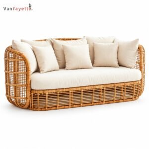 ISF00041 aluminum outdoor sofa with sculptural PE rattan frame, front three-quarter view
