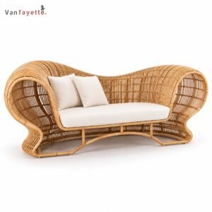 ISF00081 aluminum patio sofa with curved PE rattan frame, front three-quarter view