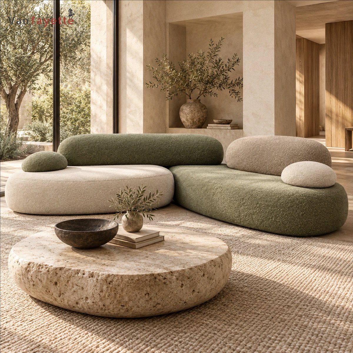 Caleb ISF00145 pebble modular sectional in cream and olive performance fabric