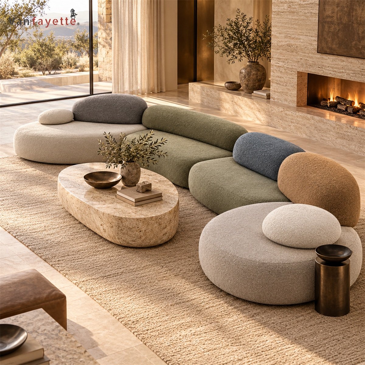 Caleb ISF00145 multicolor pebble modular sofa in an extended curved layout