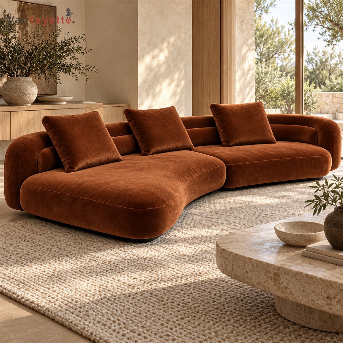 Grant ISF00146 rust-red velvet curved sectional sofa with chaise
