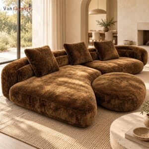 Ethan ISF00147 mottled brown velvet curved sectional sofa with ottoman
