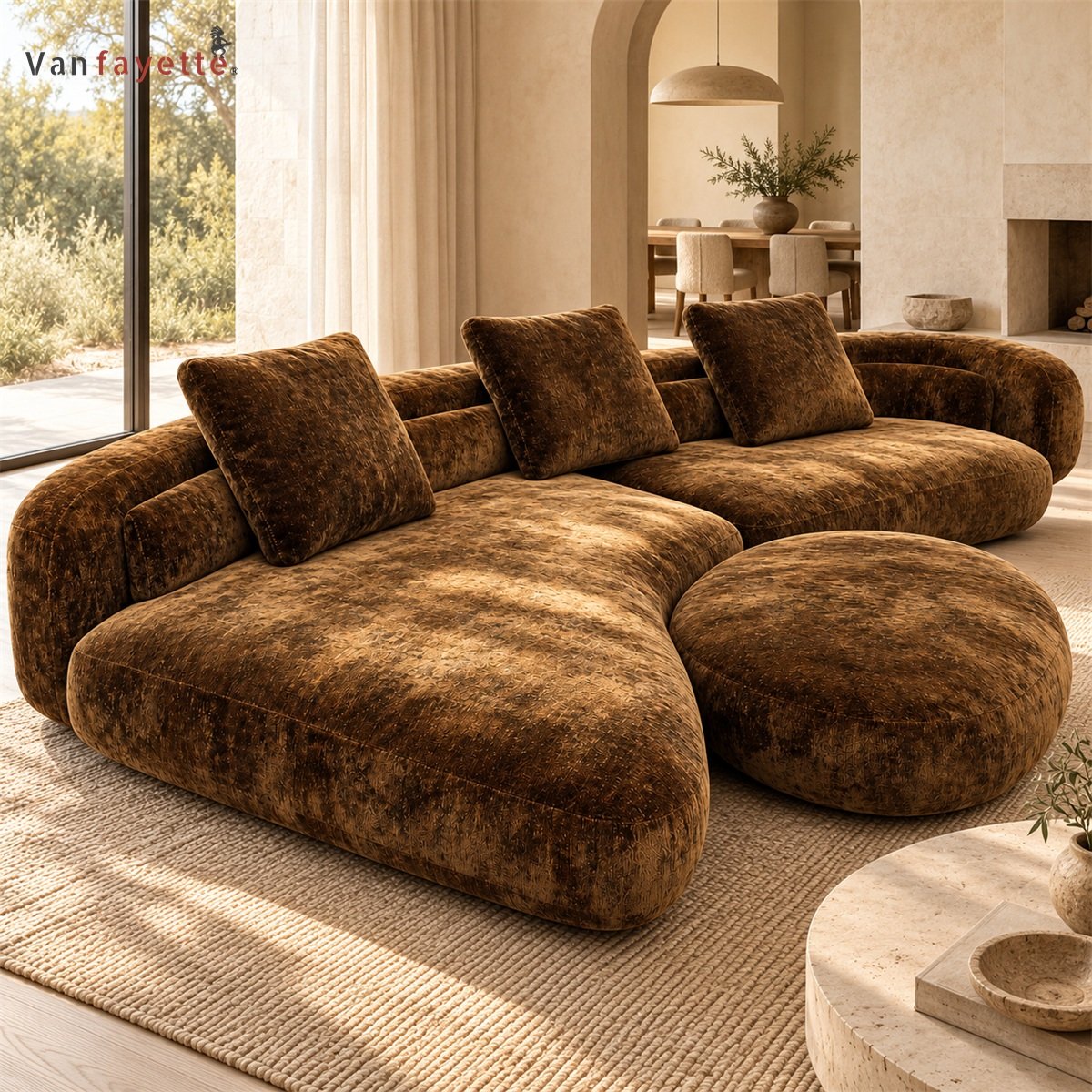 Ethan ISF00147 mottled brown velvet curved sectional sofa with ottoman