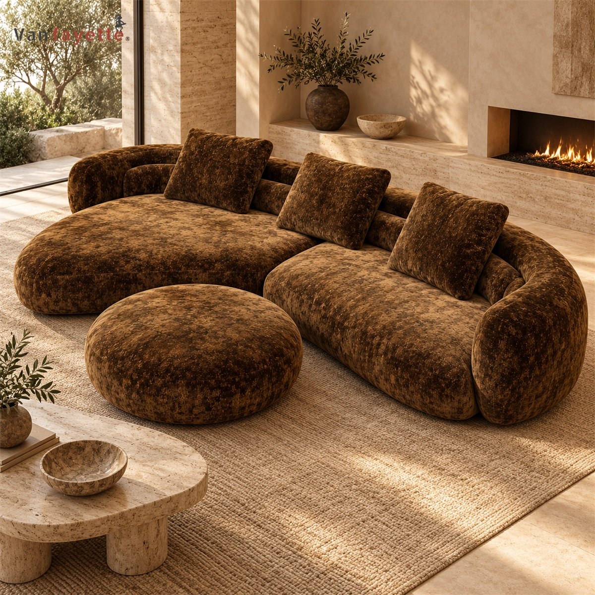 Ethan ISF00147 oversized brown velvet curved sofa alternate layout