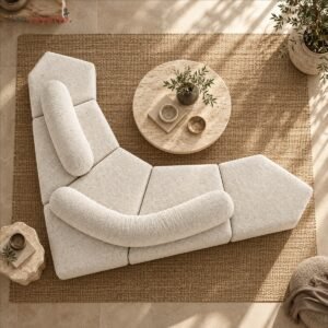 Julian ISF00148 ivory sherpa fleece 135-degree curved sofa overhead view