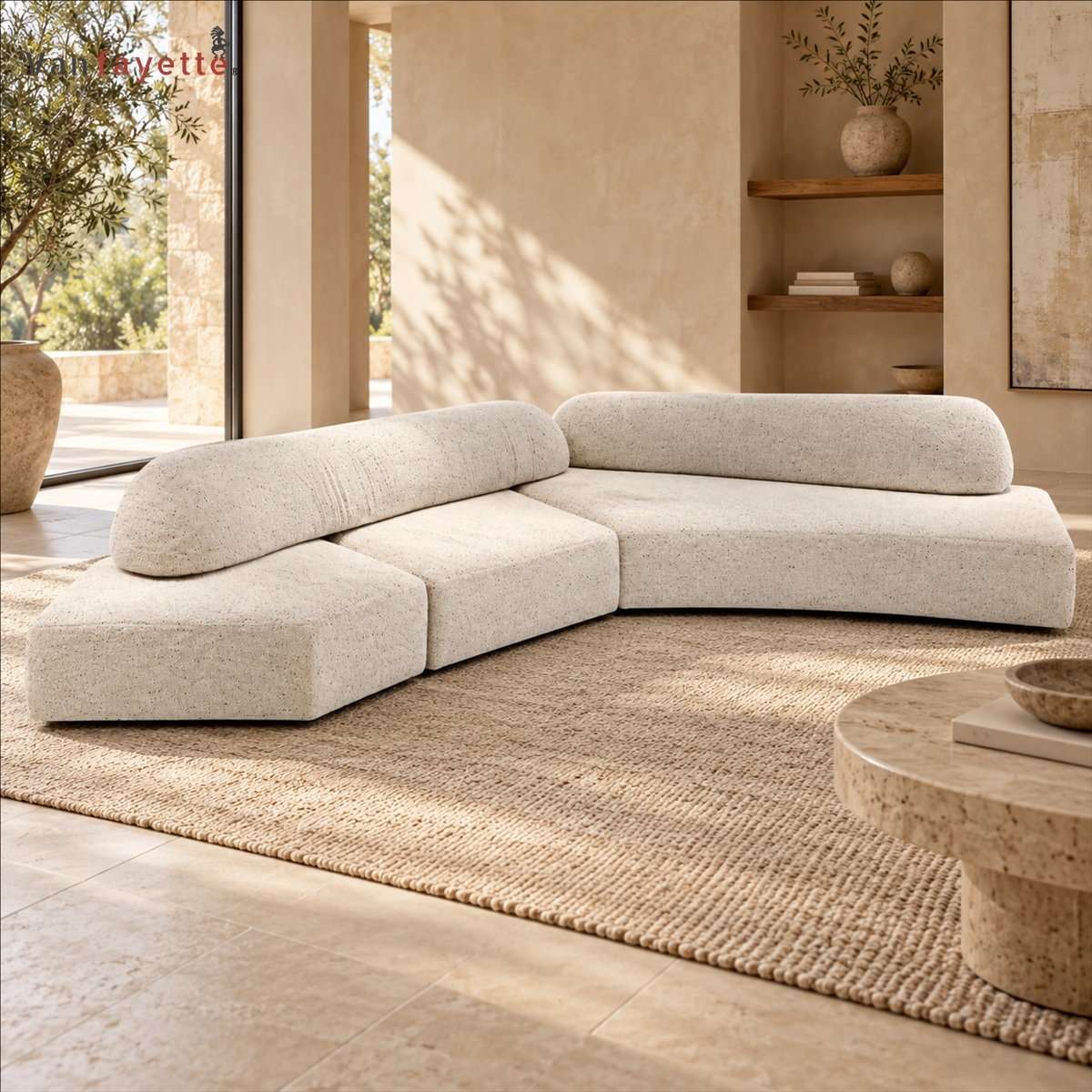 Julian ISF00148 ivory sherpa fleece curved modular sofa in living room