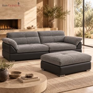 Lucas ISF00151 gray polyester sofa with black PU faux-leather base and ottoman