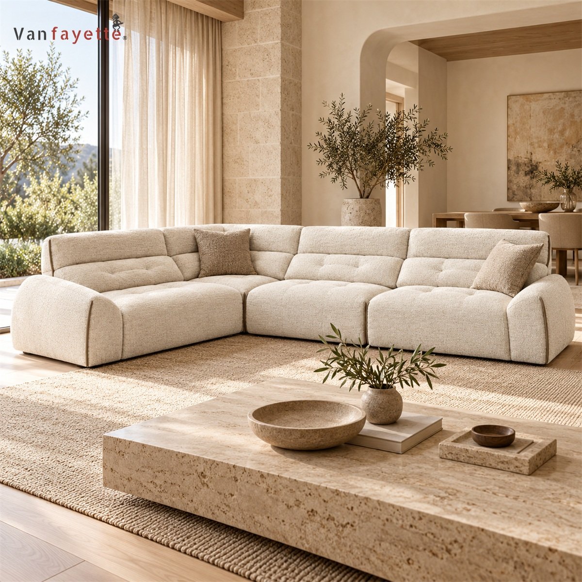 Felix ISF00156 cream cotton-linen sectional sofa in L-shaped layout