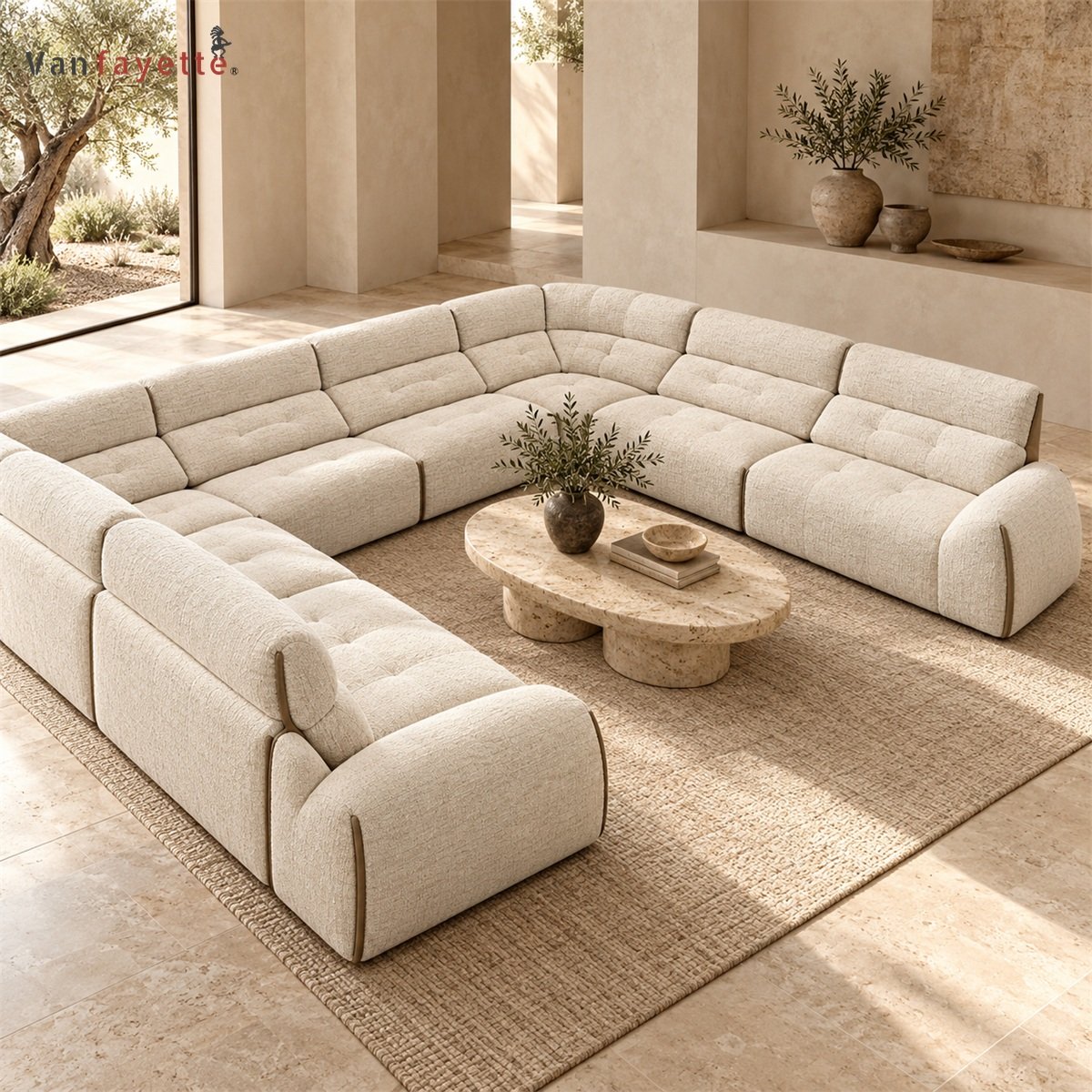 Felix ISF00156 cream cotton-linen sectional sofa in U-shaped layout