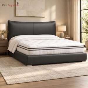 ISF00160 dark PU leather upholstered bed with wide headboard angled view