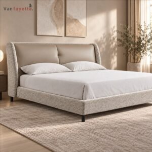 ISF00162 light boucle wingback bed with leather headrest