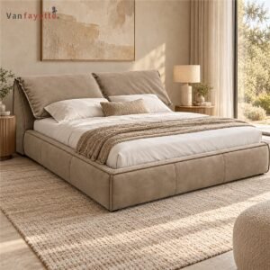 ISF00163 greige elephant ear upholstered bed angled view