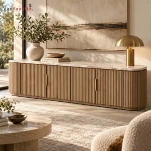 Hugoo Reeded Ash Wood TV Cabinet with Marble Top and Custom Media Storage