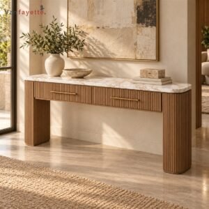 Hugoo Reeded Ash Wood Console Table with Marble Top and Custom Drawer Options