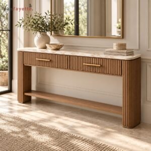 Hugoo Ash Console Table with Marble Top, Reeded Drawers and Open Display Shelf