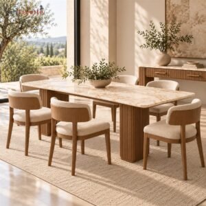 Hugoo Custom Ash Dining Table with Marble Top and Reeded Legs