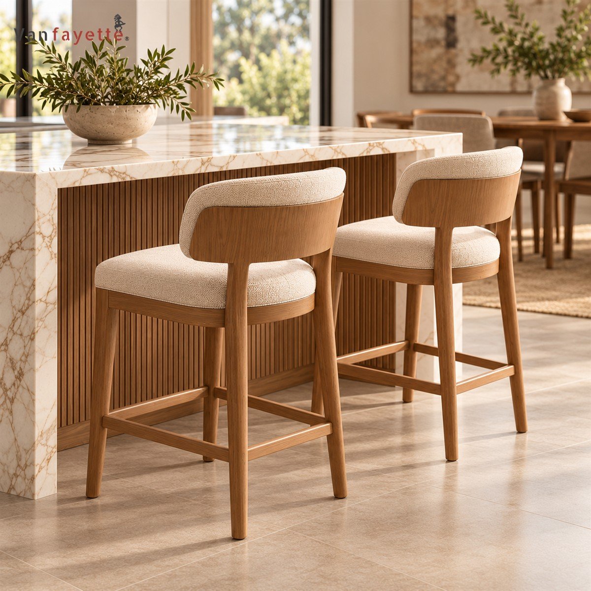 Hugoo Custom Ash Wood Bar Chair with Upholstered Seat and Curved Back for Kitchen Islands