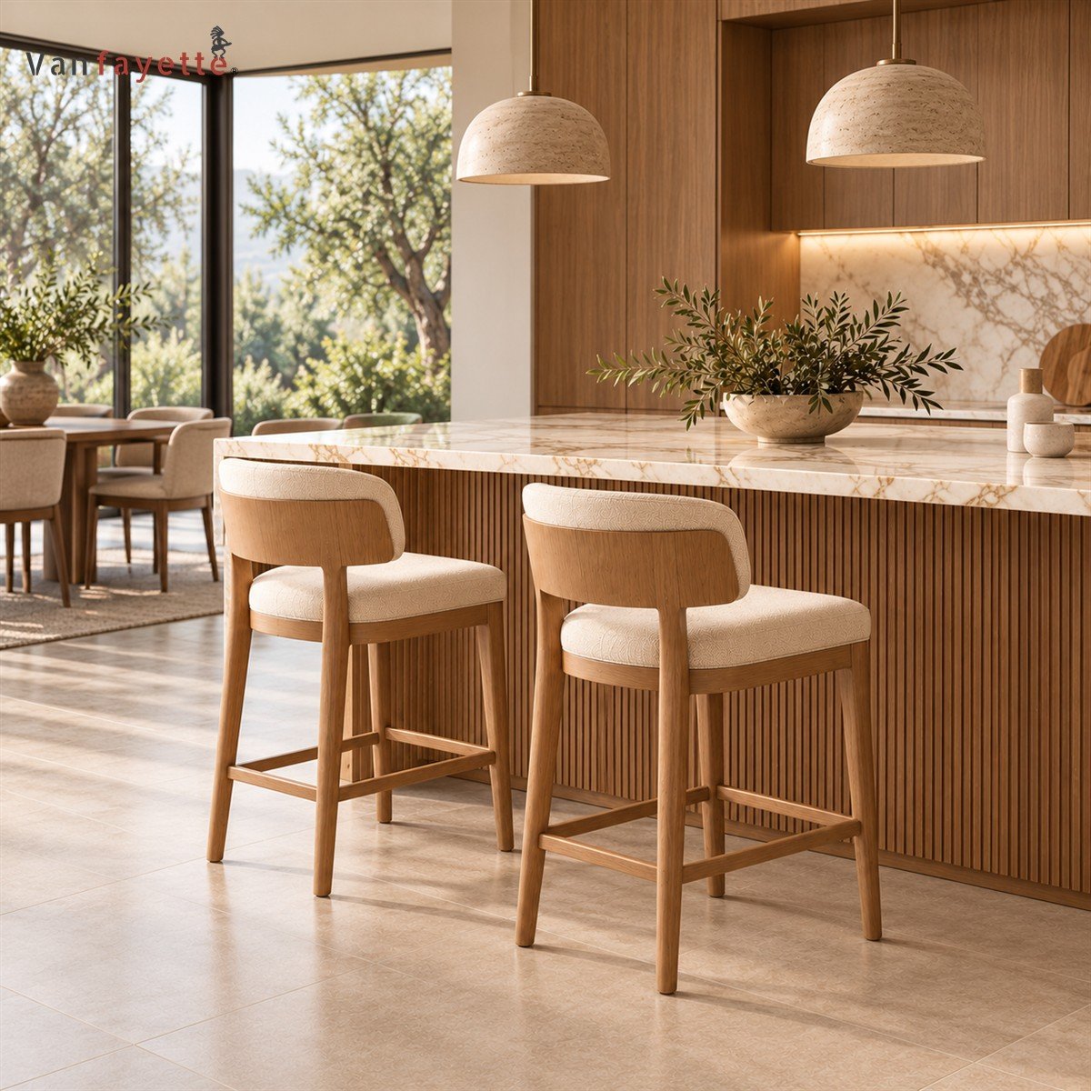 Hugoo Custom Ash Wood Bar Chair with Upholstered Seat and Curved Back for Kitchen Islands - Image 2
