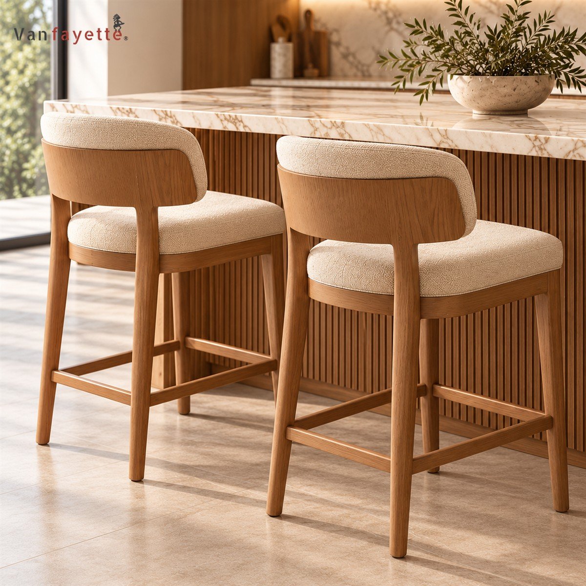 Hugoo Custom Ash Wood Bar Chair with Upholstered Seat and Curved Back for Kitchen Islands - Image 3