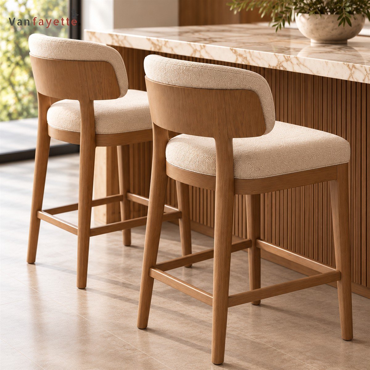 Hugoo Custom Ash Wood Bar Chair with Upholstered Seat and Curved Back for Kitchen Islands - Image 4