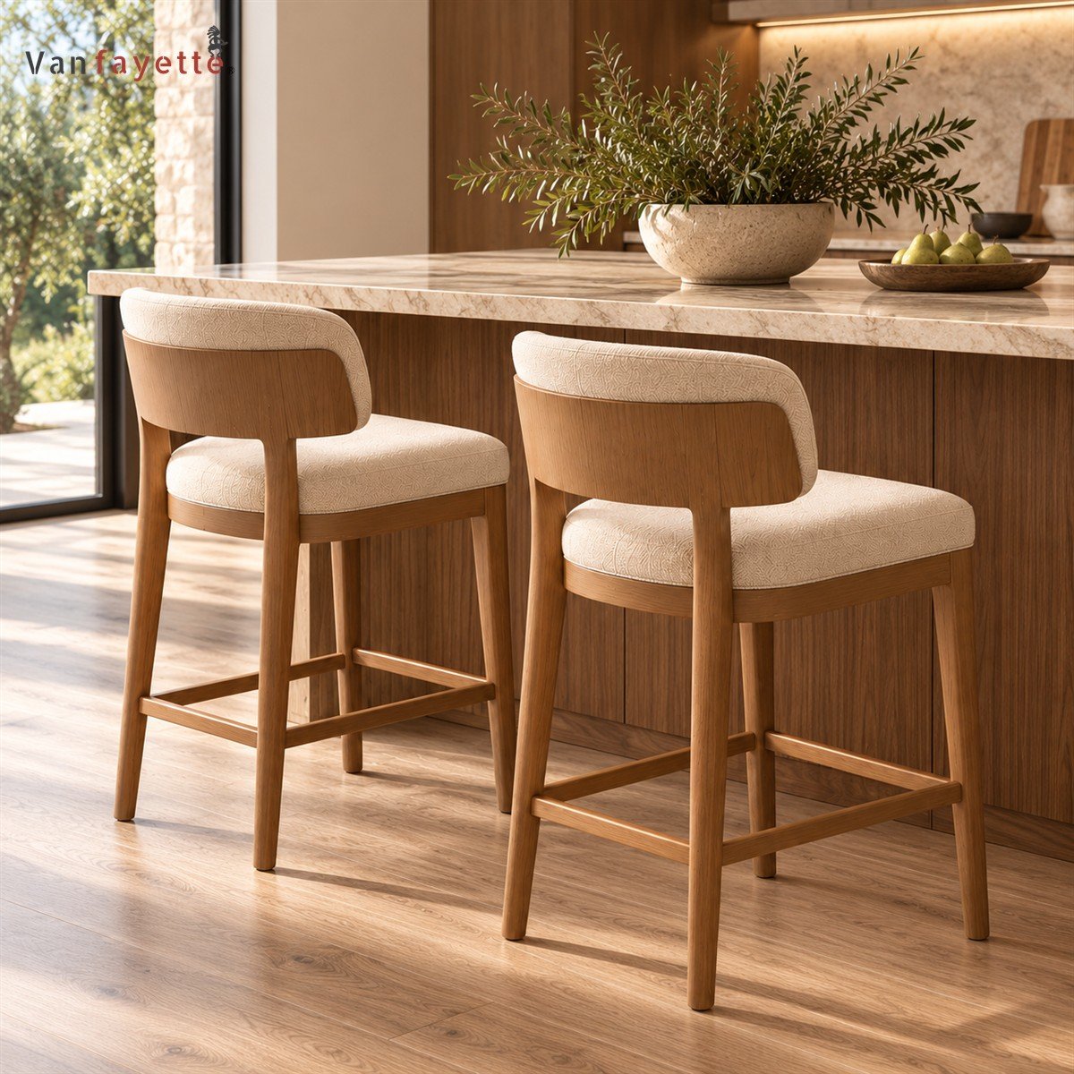 Hugoo Custom Ash Wood Bar Chair with Upholstered Seat and Curved Back for Kitchen Islands - Image 5