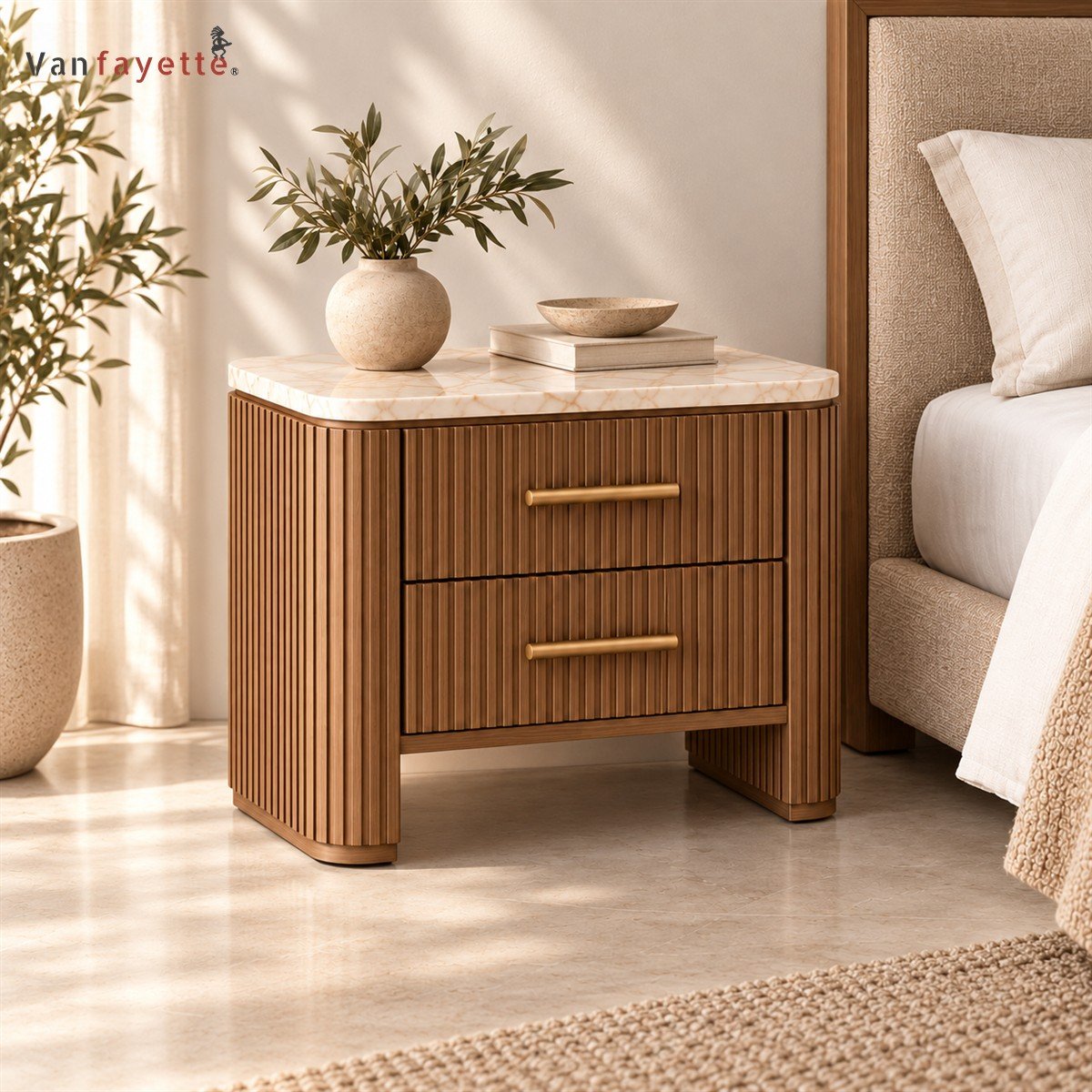 Hugoo Fluted Ash Wood Nightstand with Marble Top, Reeded Door and Two Drawers