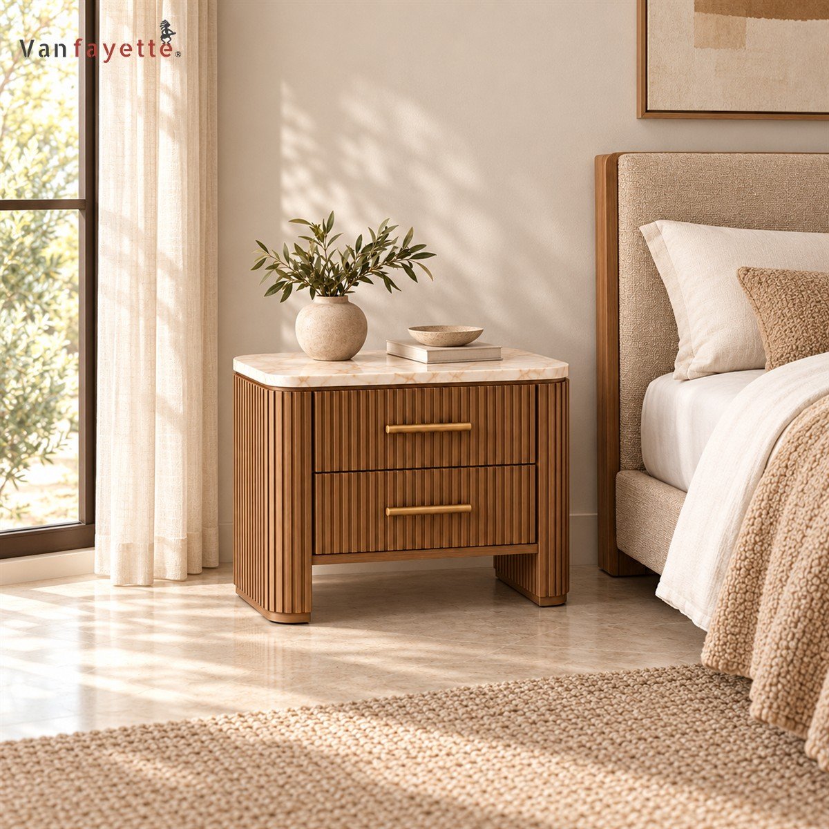 Hugoo Fluted Ash Wood Nightstand with Marble Top, Reeded Door and Two Drawers - Image 2