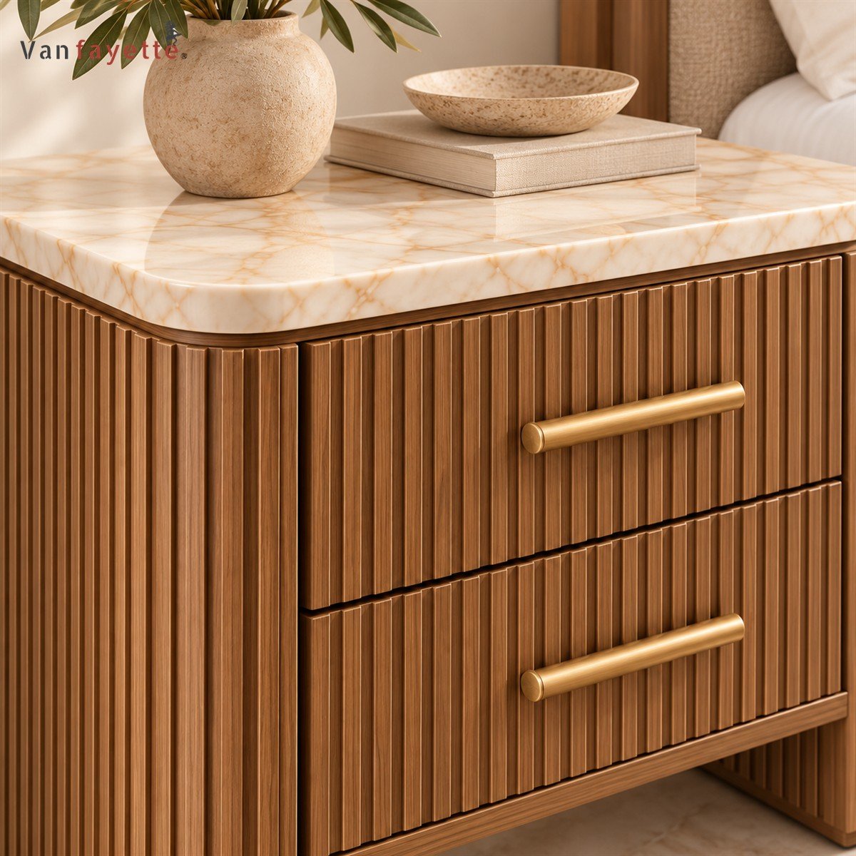 Hugoo Fluted Ash Wood Nightstand with Marble Top, Reeded Door and Two Drawers - Image 3