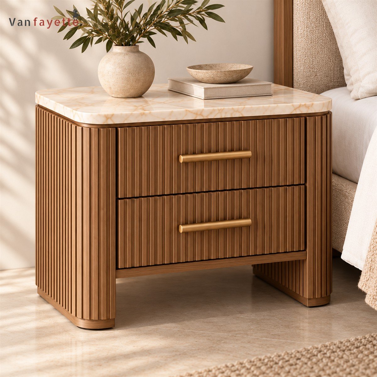 Hugoo Fluted Ash Wood Nightstand with Marble Top, Reeded Door and Two Drawers - Image 4