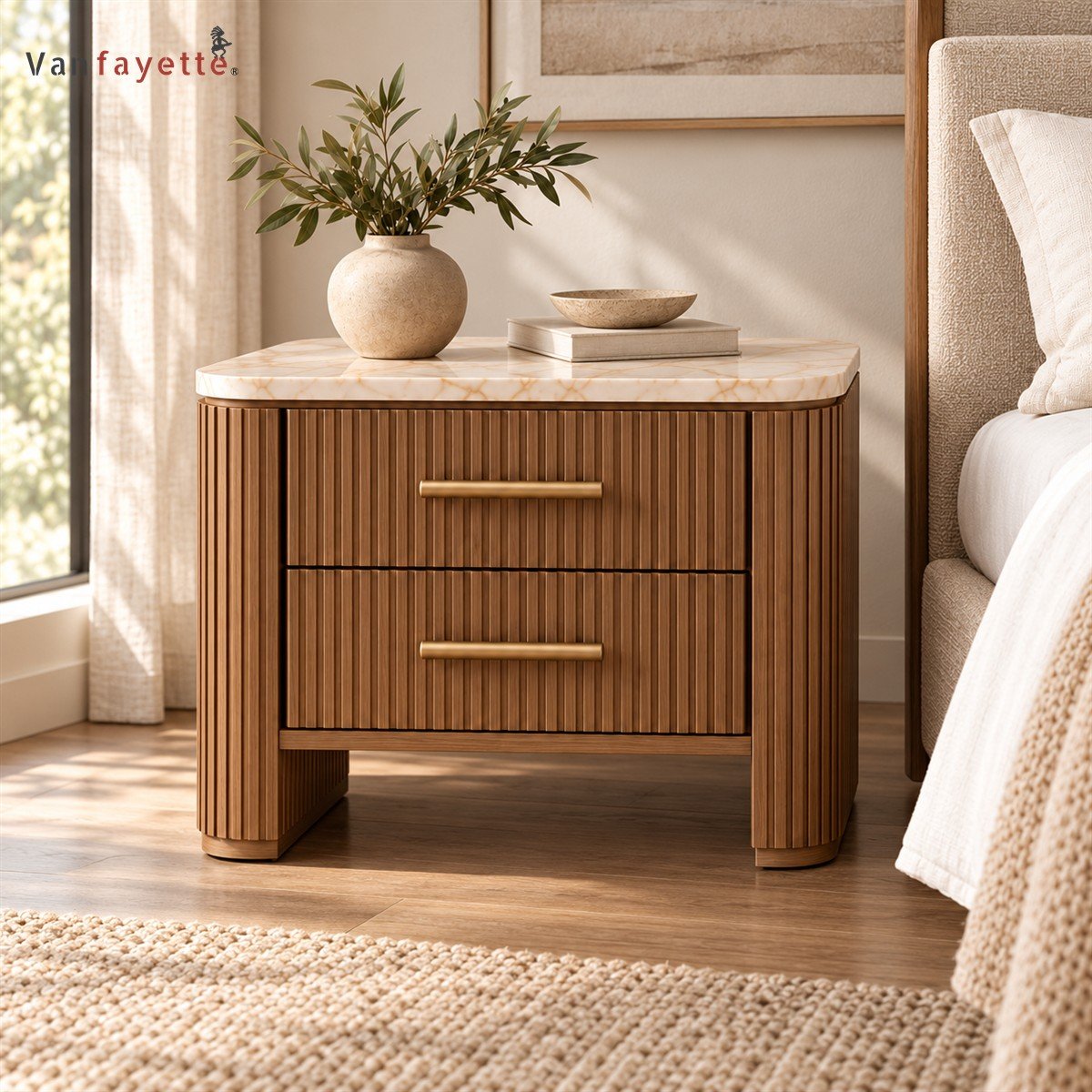 Hugoo Fluted Ash Wood Nightstand with Marble Top, Reeded Door and Two Drawers - Image 5