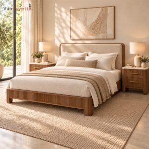 Hugoo Bouclé Upholstered Bed with Ash Wood Frame and Wingback Headboard, Custom King or Queen