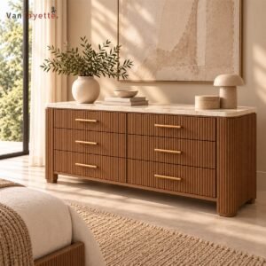 Hugoo Ash Wood Dresser with Six Drawers, Brass Pulls and Marble Top