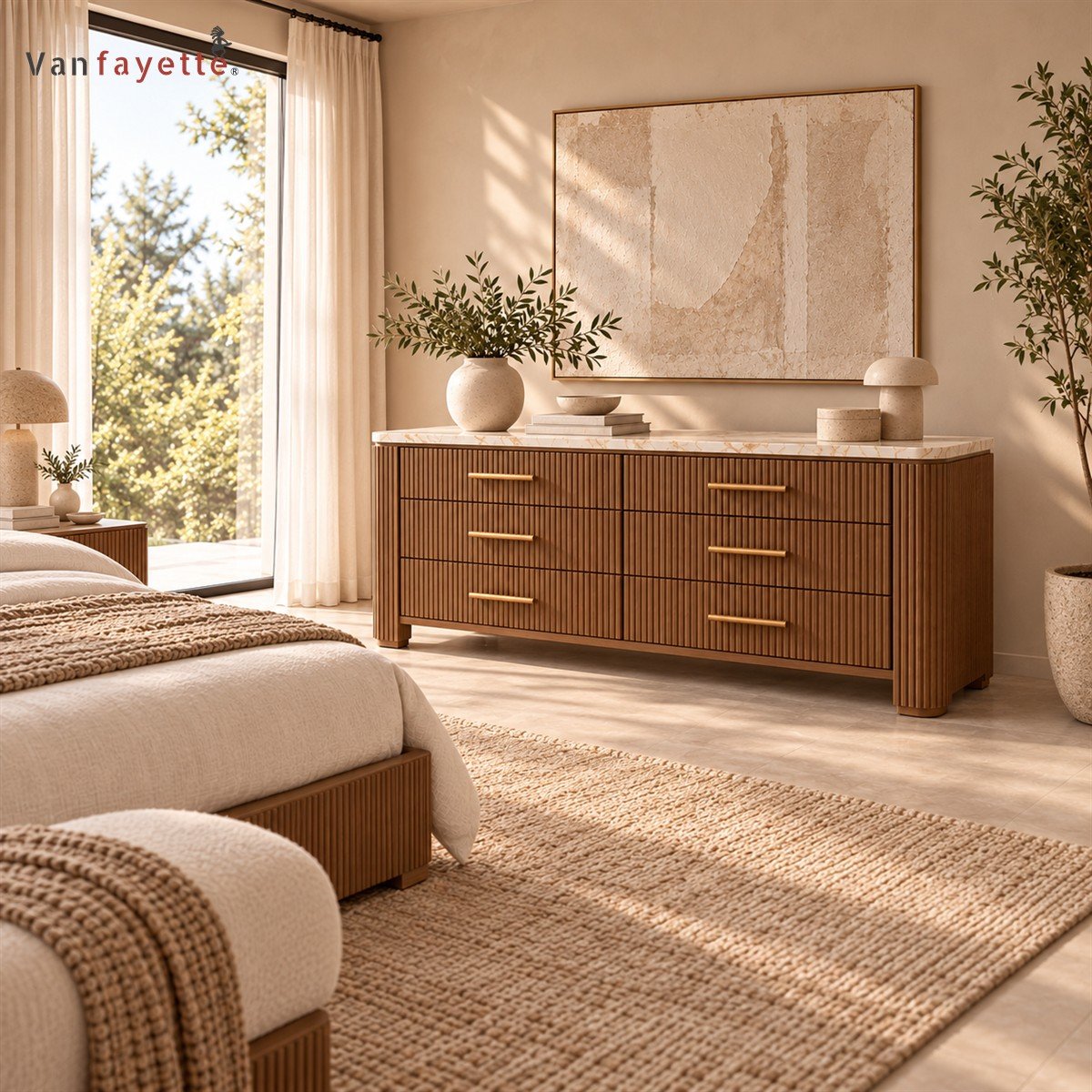 Hugoo Ash Wood Dresser with Six Drawers, Brass Pulls and Marble Top - Image 2