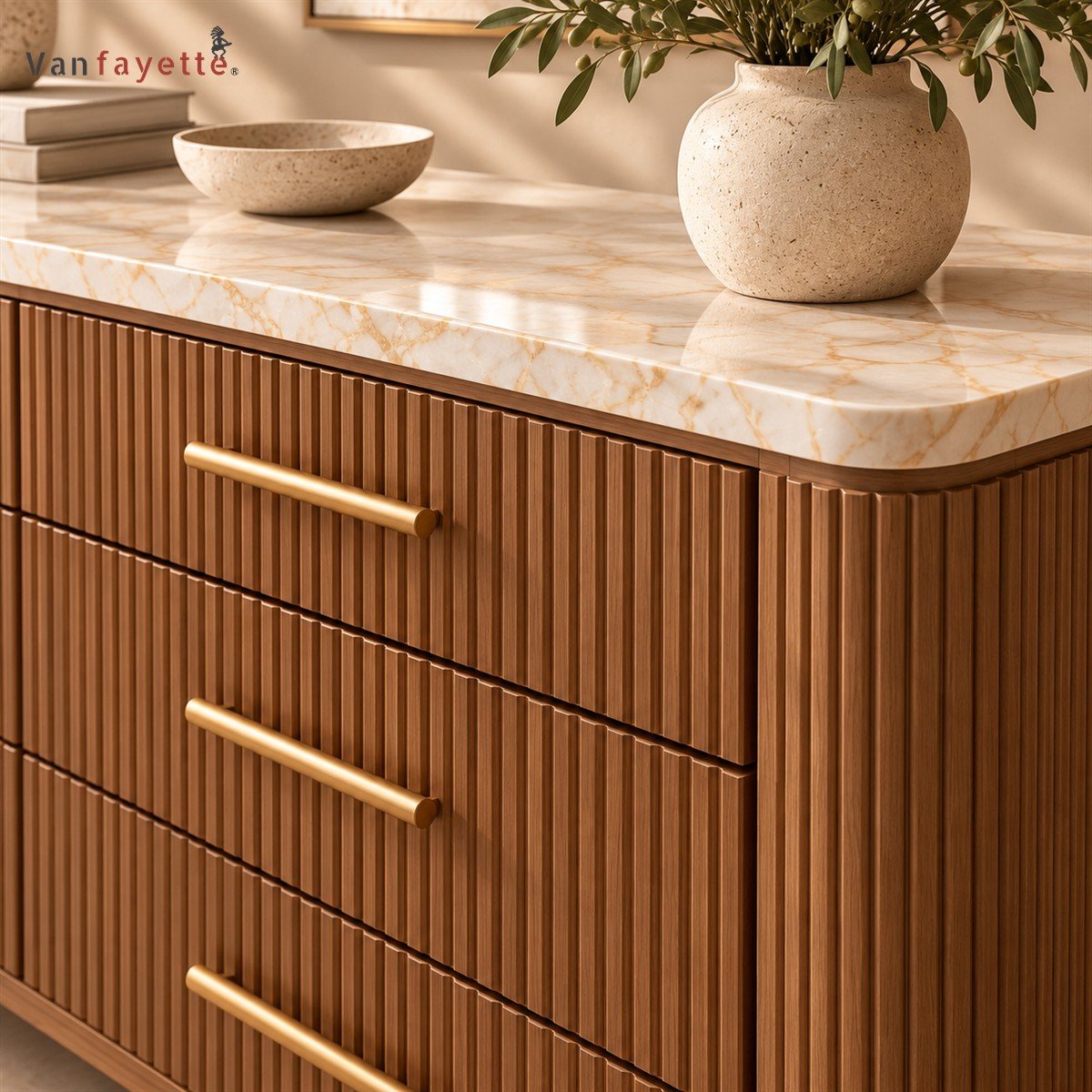Hugoo Ash Wood Dresser with Six Drawers, Brass Pulls and Marble Top - Image 3