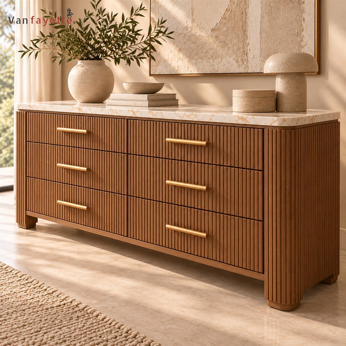 Hugoo Ash Wood Dresser with Six Drawers, Brass Pulls and Marble Top - Image 4